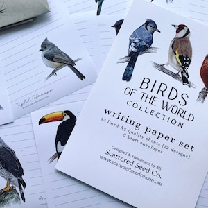Conjunto de papel de escrita da coleção BIRDS of the WORLD - Papel para cartas com tema de pássaros - Kingfisher - Cacatua preta de cauda vermelha - Scattered Seed Co