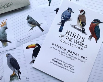 BIRDS of the WORLD Collection Writing Paper Set - Birds themed notepaper - Kingfisher - Red Tailed Black Cockatoo - Scattered Seed Co