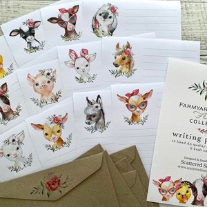 Floral FARMYARD FRIENDS Filles Écriture Ensemble de papier - Papier à notes sur le thème de l’animal de ferme - cheval vache agneau chèvre canard lapin âne - Scattered Seed Co