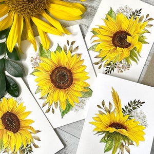 GIRASOLI Set di 4 biglietti di dimensioni normali o mini - set di biglietti di auguri vuoti floreali - 4 disegni di girasoli - Scattered Seed Co