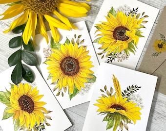 SUNFLOWERS Regular or Mini sized cards set of 4 - floral blank greeting card set - 4 sunflower designs - Scattered Seed Co