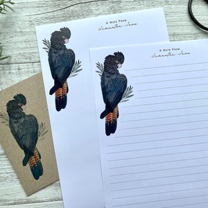 Ensemble de papier à écrire personnalisé - AUSTRALIAN Red Tailed BLACK COCKATOO - Set Of 20 - Penpal set - Personalized Notepaper