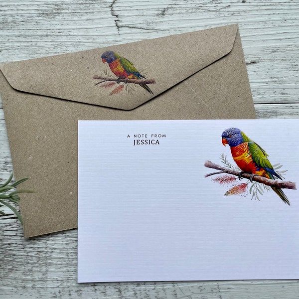 Flat Notecards Set Of 10 AUSTRALIAN RAINBOW LORIKEETS  - Personalised Notecards with coordinating kraft envelopes