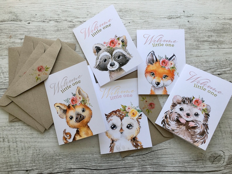Forest Friends Welcome BABY GIRL Birth cards Regular size congratulations card Baby Woodland Animals card Scattered Seed Co