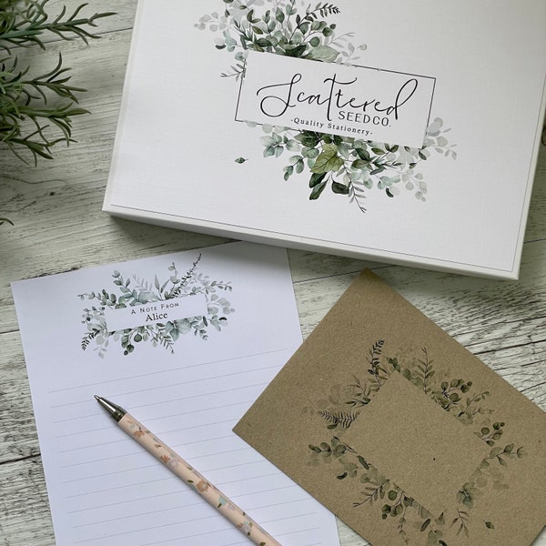 Personalised Writing Paper Set - Eucalyptus - Set Of 20 - Personalised Notepaper with kraft envelopes