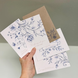 Blue & White Line Art Grußkarten blaue Blumen 4er-Set - Geburtstag, Danke, Denke an Dich, Glückwunschkarten
