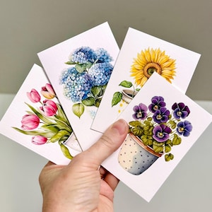 Mini cartões de felicitações - Vasos de flores em 4 designs (Conjunto A)
