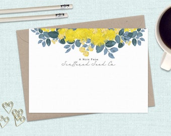 Flat AUSTRALIAN GOLDEN WATTLE Notecards Set Of 10 - Personalised or Blank Notecards with coordinating kraft envelopes - thank you cards