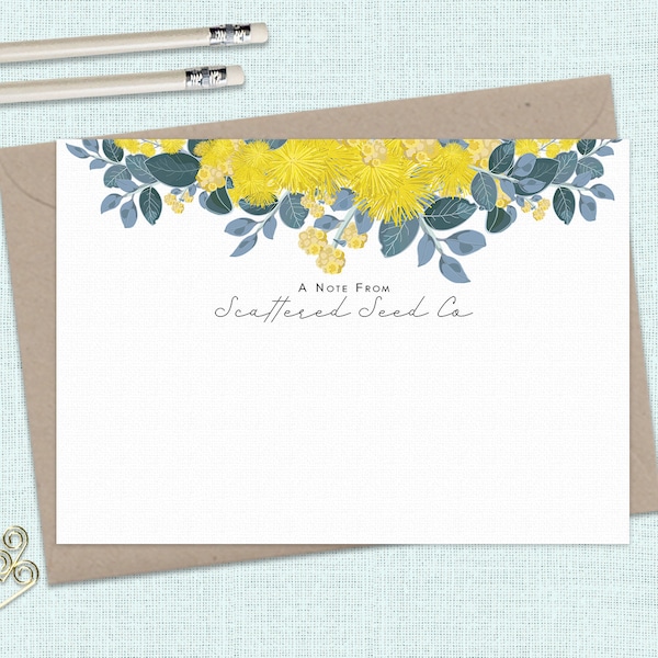 Flat AUSTRALIAN GOLDEN WATTLE Notecards Set Of 10 - Personalised or Blank Notecards with coordinating kraft envelopes - thank you cards