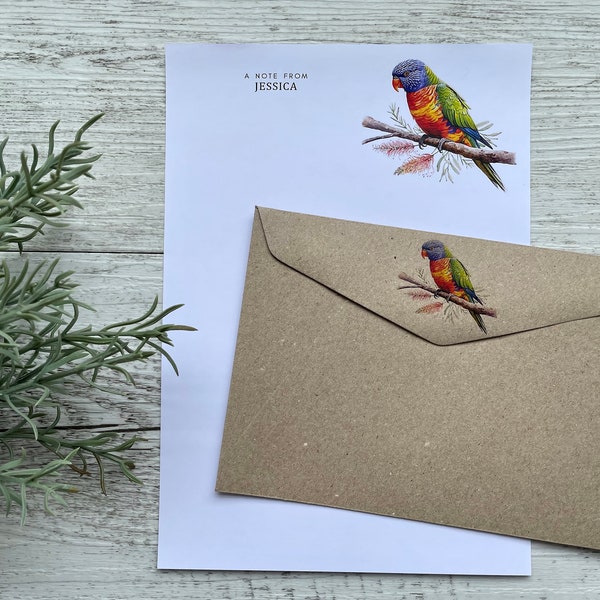 Personalised Writing Paper Set - AUSTRALIAN RAINBOW LORIKEET - Set Of 20 - Personalised Notepaper with coordinating kraft envelopes