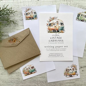 Conjunto de papel de escrita floral VINTAGE CARAVANS Collection - Papel para cartas com tema Glamping - Conjunto de correspondência para campistas - Scattered Seed Co