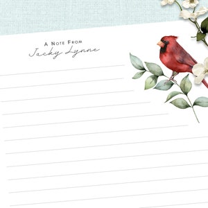Personalised Writing Paper Set - Red CARDINAL bird - Set Of 20 - Personalised Notepaper with coordinating kraft envelopes