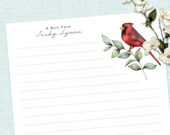 Personalised Writing Paper Set - Red CARDINAL bird - Set Of 20 - Personalised Notepaper with coordinating kraft envelopes