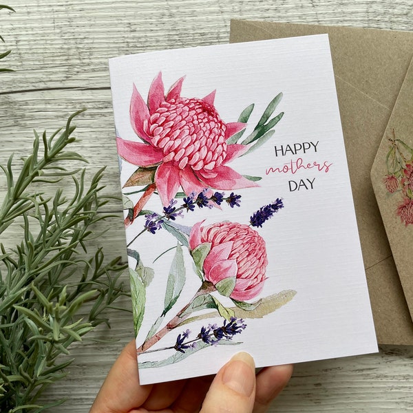 AUSTRALIAN Waratah Mothers Day Card - thinking of you - it’s Mother’s Day - blank - Happy Anniverysary - Australian Flower Mothers Day card