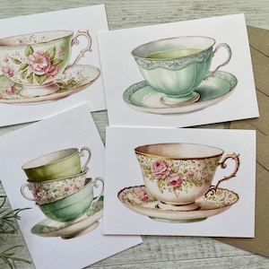 Nieuw! Rose Mint VINTAGE THEEACUP COLLECTION kaarten set van 4 - Set B (Rose Mint) - High Tea-kaartenset mini of normaal formaat - Scattered Seed Co