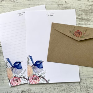 Gepersonaliseerde schrijfpapierset - Australian Superb Fairy Wren - Set van 20 - gepersonaliseerd schrijfpapier BLUE BIRD - bijpassende kraft-enveloppen