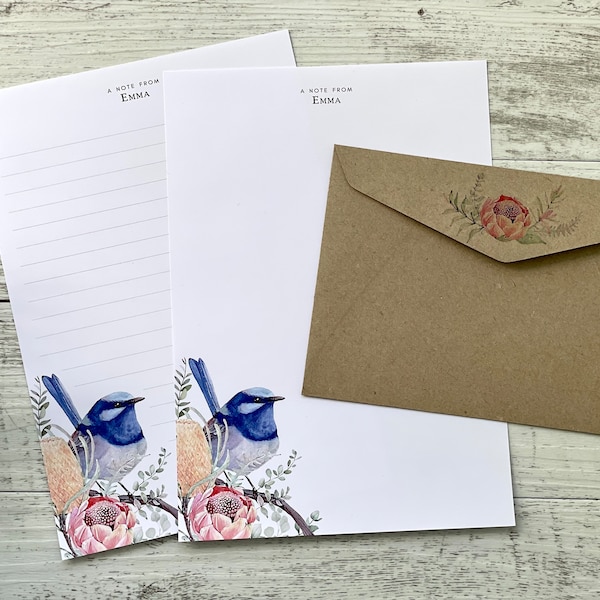 Personalised Writing Paper Set - Australian Superb Fairy Wren - Set Of 20 - BLUE BIRD Personalised Notepaper - coordinating kraft envelopes