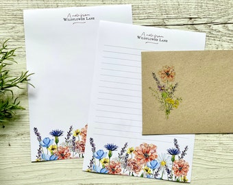 WILDFLOWERS Personalised Writing Paper Set of 20 - Personalised Notepaper with optional Gift Storage Wallet - Feminine Stationery