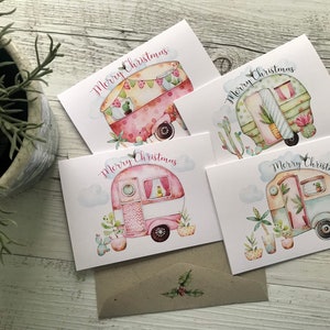 CARAVANA DE NATAL VINTAGE Conjunto de 4 cartões de tamanho normal ou mini - Conjunto de cartões de felicitações em branco para glamping - 4 designs - Scattered Seed Co