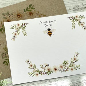 Flat DAISY & BEE Notecard Set - Set of 10 - BEE stationery - Personalised or Blank notecard set with coordinating kraft envelopes