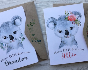 Personalised Birthday AUSTRALIAN ANIMALS Card - 8 assorted Aussie Animal designs available - Boy & Girl Birthday Customised Childrens Card