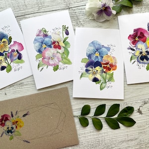 Conjunto de 4 cartões PANSY tamanho normal ou mini - conjunto de cartões de felicitações florais em branco - 4 designs de amores-perfeitos - Scattered Seed Co
