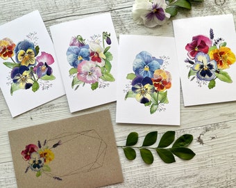 PANSY Regular or Mini sized cards set of 4 - floral blank greeting card set - 4 pansies designs - Scattered Seed Co