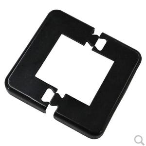May include: A black, square-shaped plastic object with a rectangular cutout in the center. The corners are rounded, and there are two notched sections on opposite sides. The object appears to be a component or part of a larger item.