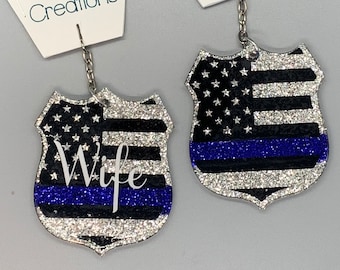 Police Officer Badge Keychain - Thin Blue Line Keychain - Police Officer Wife Keychain