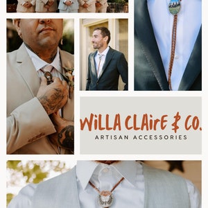 K&ouml;nnte beinhalten: Eine Collage aus Bildern, die M&auml;nner mit Bolo-Krawatten zeigen. Die Bolo-Krawatten haben verschiedene Designs, darunter eine Berglandschaft und ein Blumenmuster. Der Text "WILLA CLAIRE & CO. ARTISAN ACCESSORIES" wird in der Mitte der Collage angezeigt.