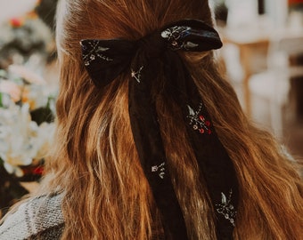 Black Velvet Hair Bow - Floral Pattern - Valentine's Day Gift Idea