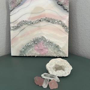 Rosa och silvergeodkonst, originellt abstrakt konstverk av JtoZ Studios, 3D-konst, hartskonst, modern väggkonst, 8 x 8