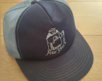 True Vintage 70s or 80s baby blue and navy blue trucker snapback Hat "FRIAR JOHNS" unique logo.