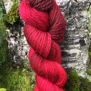 May include: A skein of hand-dyed yarn in shades of deep red and burgundy. The yarn is twisted and folded, creating a textured look.