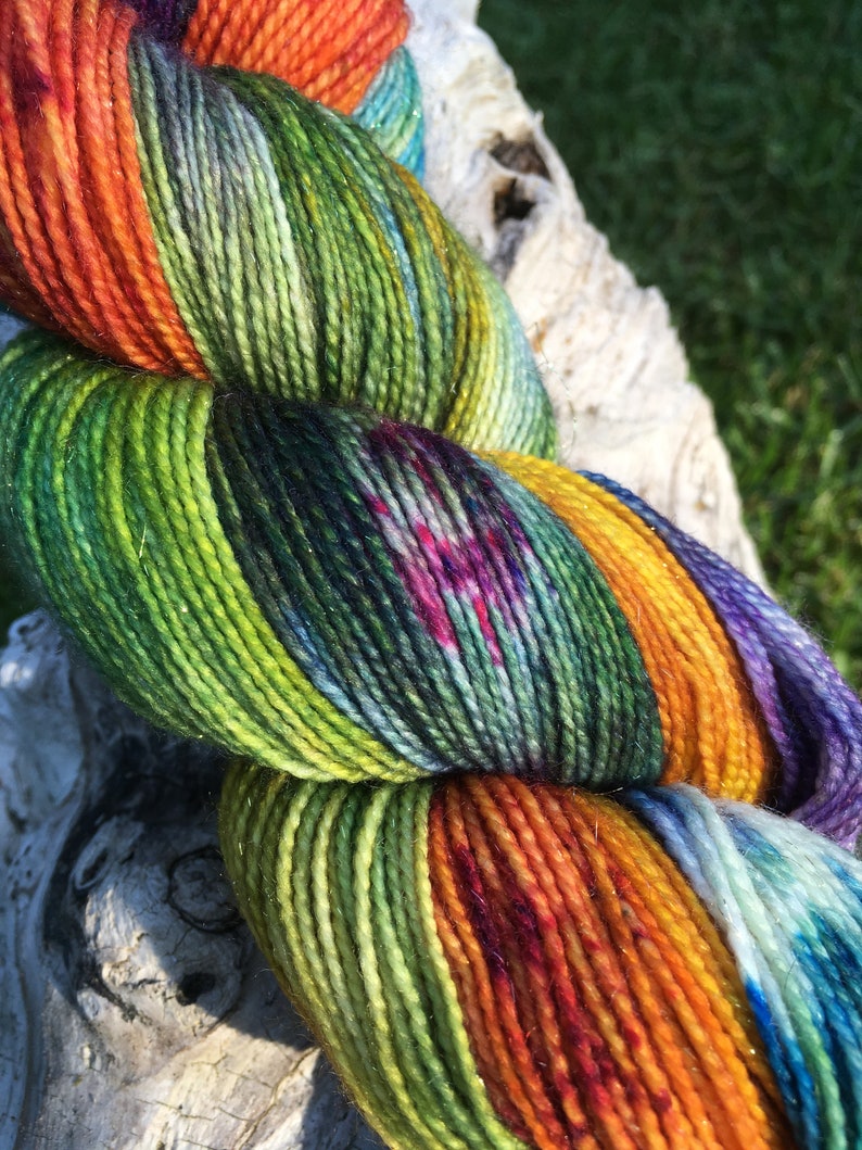 Dancing Queen One of a Kind Sparkle Hand painted Sock yarn