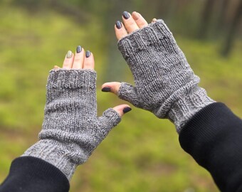 Guantes sin dedos de lana tejidos a mano, calentadores de brazos para el invierno