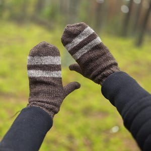May include: A pair of brown knitted mittens with horizontal gray stripes. The mittens are made of a textured yarn and appear warm. The background is a blurred green and brown, suggesting an outdoor setting.