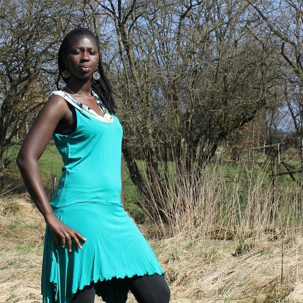 Short "Paquerette" dress in emerald green and printed viscose (M)