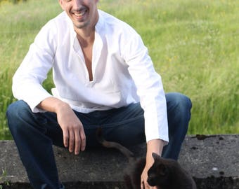 Hemd, lange Ärmel, Mao-Kragen – eleganter oder legerer Stil – für Männer – Weiß, Ecru, … – Aus Leinen oder Baumwolle (auf Bestellung)