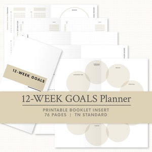 Könnte beinhalten: Ein 12-Wochen-Ziele-Planer mit weißem und beigem Farbschema. Der Planer enthält Abschnitte für persönliches Wachstum, Gesundheit und Karriereziele. Der Text "12-WEEK GOALS" ist deutlich sichtbar. Der Planer ist ein druckbarer Heft-Einsatz mit 76 Seiten.