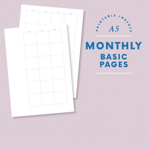 May include: Two white A5 monthly calendar pages with a grid layout, stacked on a purple diagonal striped background. The text "PRINTABLE INSERTS", "A5", "MONTHLY BASIC PAGES" is in blue. The paper plan logo is at the bottom.