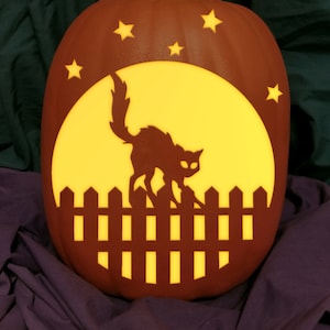 May include: A brown pumpkin with a carved design featuring a black cat on a fence in front of a yellow moon. The pumpkin has star cutouts and a stem. The design is illuminated from within, creating a Halloween decoration.