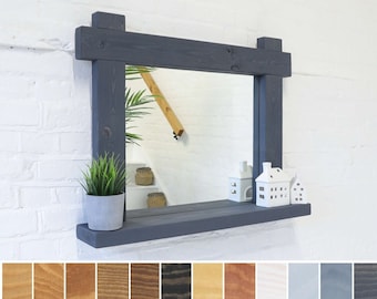 Mirror Shelf - Crossed Ends - Smooth Design - Main Image Ironstone Grey - Chunky Wood Driftwood Style Chic