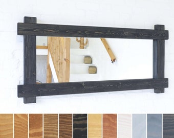 Wood Mirror - Crossed Ends - Timber: 10cm x 5cm - Main Image Black Ebony - Smooth Design - Chunky Wood Driftwood Style Chic Dark