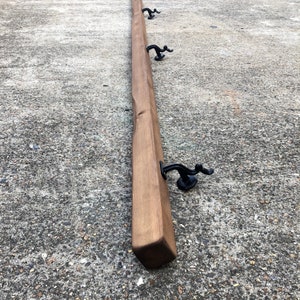 Handrail / Bannister Rail - Solid Wood & Wrought Iron - Timber 7cm x 7cm - Main Image: Deep Oak - Irregular Design - Driftwood Style Rustic