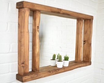 Mirror Shelf - Pillars Design - Main Image: Deep Oak - Irregular Design - Chunky Wood Distressed Driftwood Style Chic Mantel Shelving