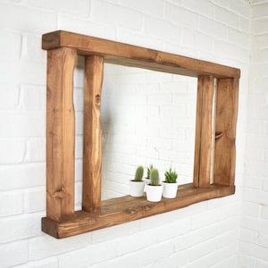 Mirror Shelf - Pillars Design - Main Image: Deep Oak - Irregular Design - Chunky Wood Distressed Driftwood Style Chic Mantel Shelving