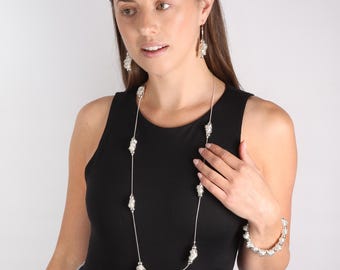 Textured Bead Jewellery Set: Silver & Gold Coil Bracelet, Necklace, Earrings