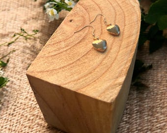 Può includere: Orecchini a forma di cuore color oro con chiusura a gancio. Gli orecchini sono esposti su un blocco di legno, mostrando il loro design. Gli orecchini sono un gioiello.