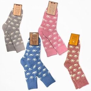 Può includere: Quattro paia di calzini in grigio, rosa, blu e malva, ognuno con un motivo a impronte bianche e un bordo a coste. Ogni paio è fissato a un'etichetta di cartone marrone con il marchio Jess & Lou e la scritta Super Fluffy Super Soft Cosy Socks.
